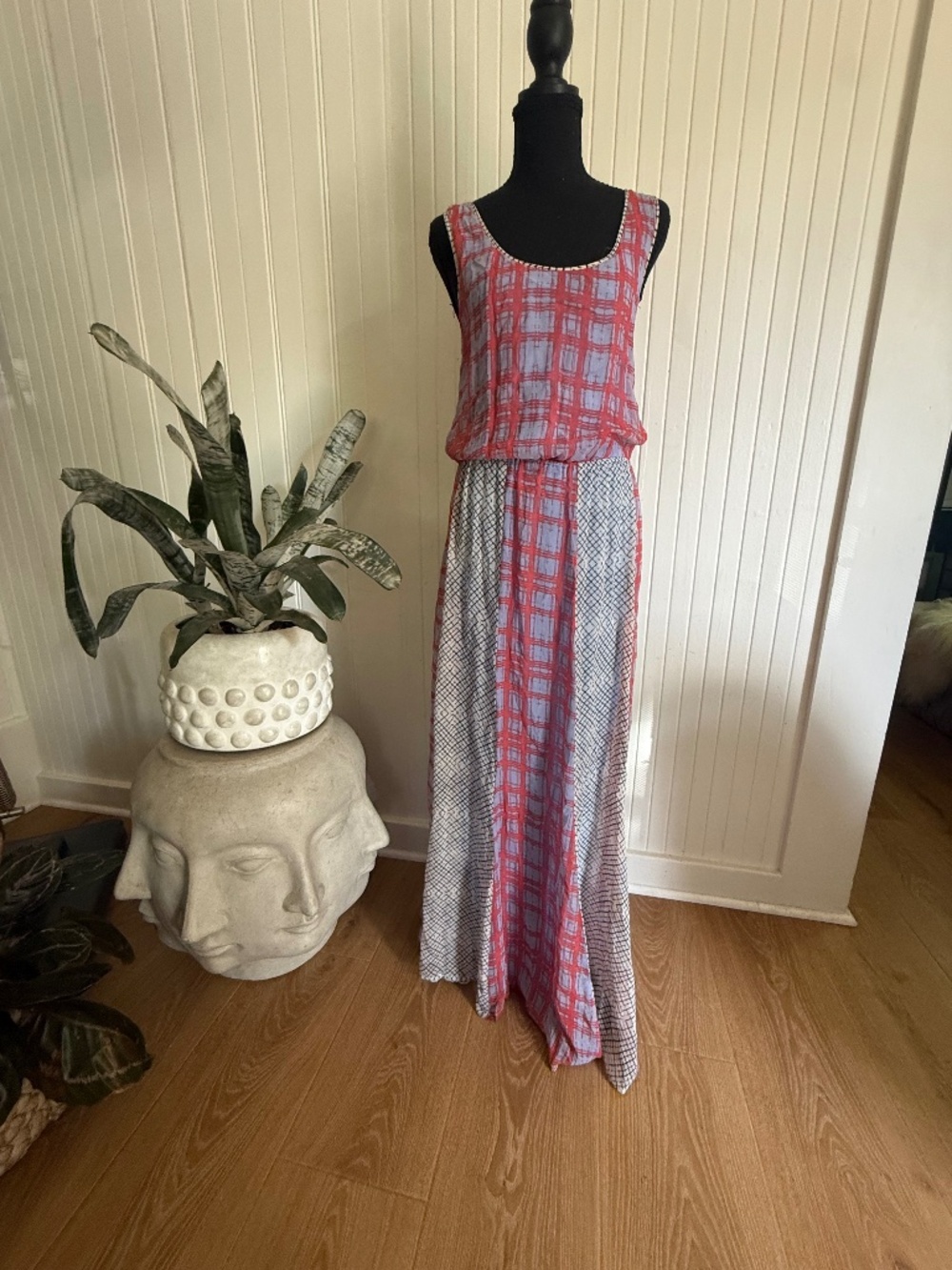 Beautiful Ella Moss/Anthroplogie sleeveless maxi dress  — coral/red plaid
